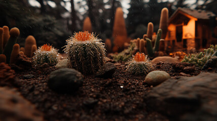 Close-up of cacti with visible transpiration droplets, desert background blurred, selective focus on foreground, copy space for text, ultra HD 