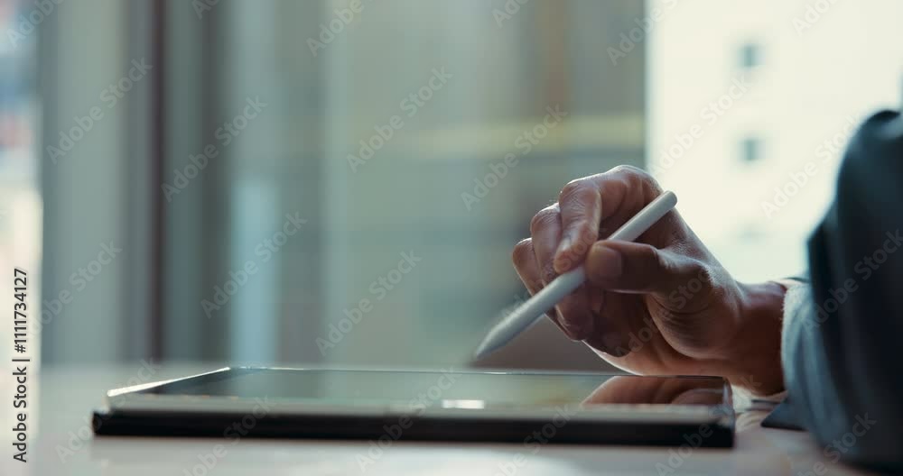 Poster pen, tablet and hands of business people in office for website, research and online project. corpora