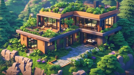 Obraz premium Modern Eco House Design: Stunning Rooftop Garden, Lush Greenery, Sustainable Living, Peaceful Forest Views, Tranquil Atmosphere, Natural Materials, 