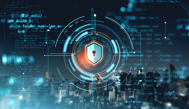 Digital security concept with a shield and keyhole over a cityscape background. - Powered by Adobe