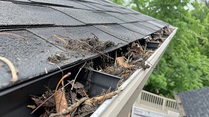 Obraz premium Gutter Cleaning: Remove leaves and debris from gutters to prevent overflow, safeguarding your home’s roof and foundation from costly water damage. 
