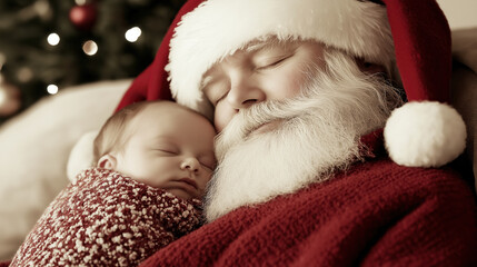 Obraz premium Sleeping santa claus with newborn baby during christmas in cozy festive setting