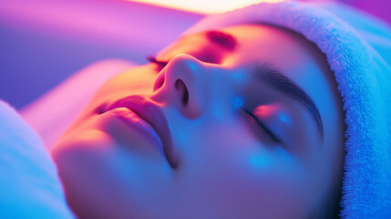 Fototapeta premium Relaxed Woman with Radiant Skin in Colorful Ambient Lighting.