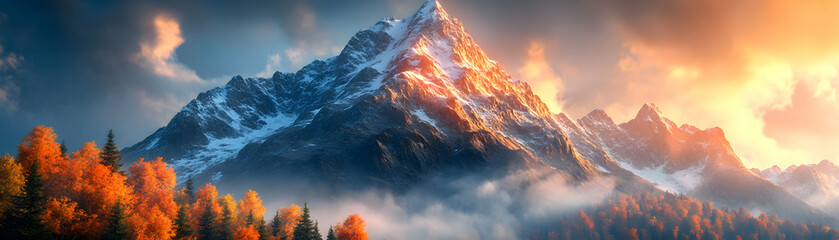 Majestic snow-capped mountain peak at sunset, surrounded by autumnal forest.