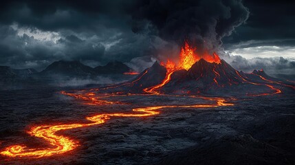 Volcanic eruption with lava flow, dramatic clouds and fiery landscape.