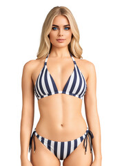 Fototapeta premium Classic blue and white striped bikini with a halter neck, padded top, and matching high-waisted bottoms. The bold stripes offer