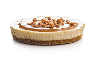 Cheesecake with caramel topping isolated on white background.