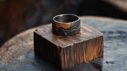 Unique Artisan Ring on Wooden Block with Rustic Background
