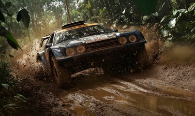 Muddy vehicle speeds through jungle, splashing water.