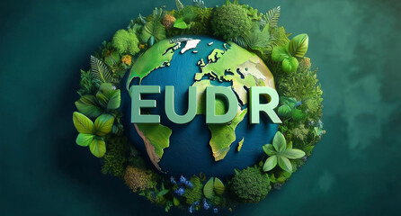 Wording EUDR on earth globe with green forest background. Concept for EU Deforestation or EUDR, regulation environmental policy and drinking coffee in European Union.
