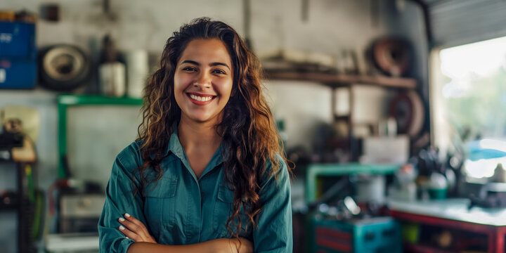 Hispanic young female mechanic smiling confidently in workshop environment