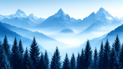 Obraz premium Misty blue mountains and evergreen forest.