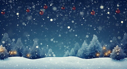 Fototapeta premium Snowy Christmas night landscape with fir trees and red ornaments. Concept of winter holidays, peace, and magic.