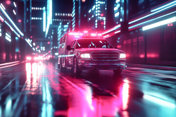 Neon-lit ambulance racing through futuristic city streets at night with vibrant light reflections and a sleek design