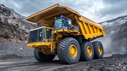 Large yellow mining dump truck on site. Illustrates heavy industry, mining, and transportation.