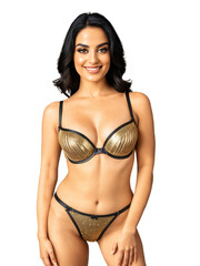 Obraz premium Middle Eastern woman with glossy shoulder-length waves in jet black, golden brown eyes sparkling with delight, and a confident, inviting