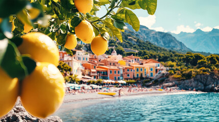 Vibrant seaside town with lemon trees, colorful buildings, and sunbathers enjoying summer by the beach