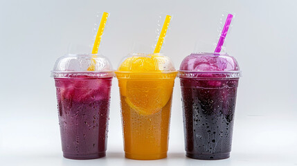 Fruits juice drink with straw in a cup on white background