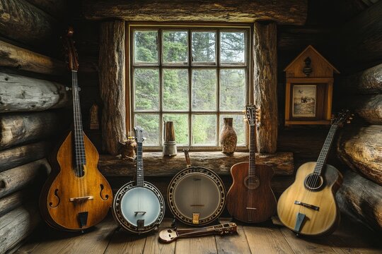 Five stringed instruments, rustic cabin setting.