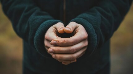 Obraz premium A close-up of hands clasped together, conveying contemplation and calm.