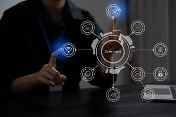 Zero trust security concept Person using computer and tablet with zero trust icon on virtual screen...