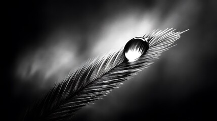 Obraz premium A single water droplet rests on a dark feather