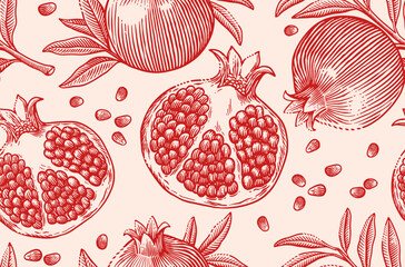 Seamless vintage-style illustration of whole and cut pomegranates with leaves and seeds. Engraving style. Perfect for culinary, botanical, and vintage-themed designs.