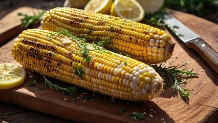 A close-up of freshly grilled corn on the cob, topped with butter and herbs, served on a wooden board. 8k image