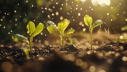 New Life Emerging: Young Seedlings Thrive Under Golden Sunlight and Gentle Rain