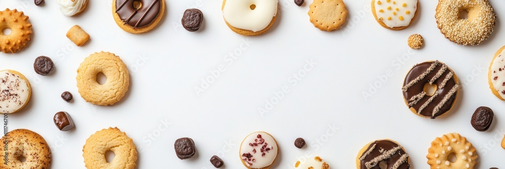 Poster various cookies and sweets are artistically displayed on a white background, featuring diverse shape