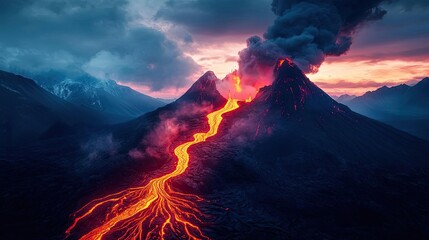 Fototapeta premium Volcanic eruption with flowing lava against a dramatic sunset sky.