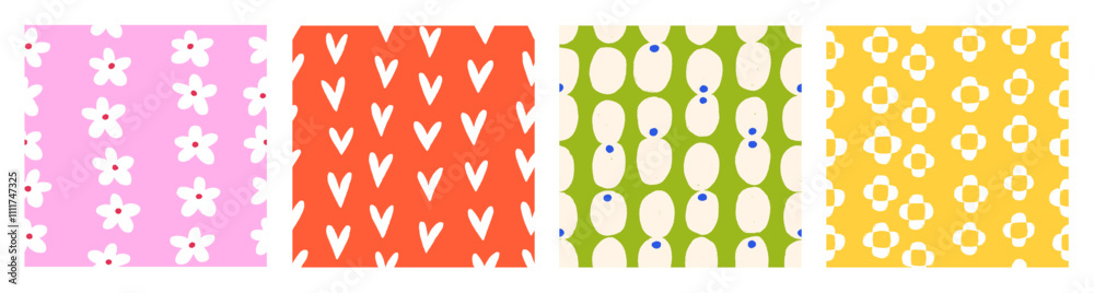 Aufkleber seamless abstract patterns set with flowers and hearts in modern naive simple style. floral textures
