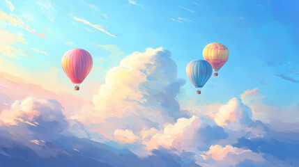 Obraz premium Colorful Hot Air Balloons Soaring Over Serene Cloudscape