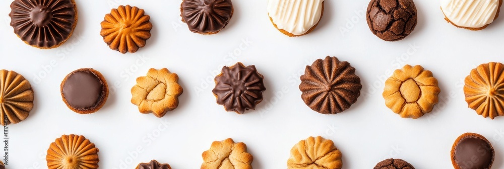 Poster an elegant arrangement of diverse cookies and sweets on a clean white background, inviting creativit