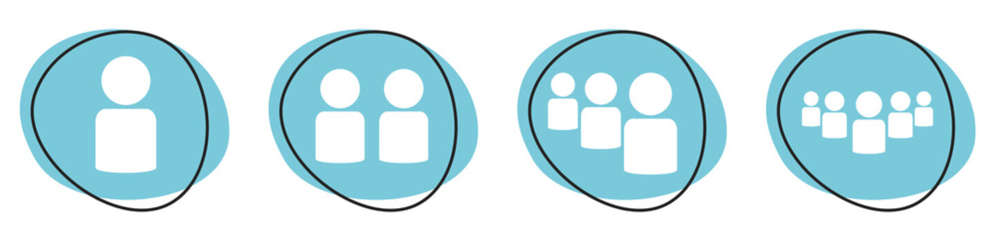 Ein, zwei, drei und viele Personen Buttons in blau