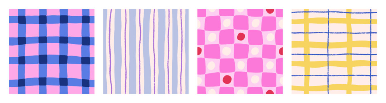 Seamless checkered and striped patterns set. Hand-drawn designs with geometric prints, grids. Modern trendy backgrounds, abstract textures for textile, wrapping. Colored flat vector illustration