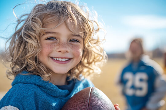 A smiling young girl with blonde curly hair holding a football on a sunny day, with a blurred teammate in the background.