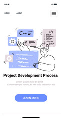 Project Development Process concept with developer interacting with code and tech symbols in a minimalist hand drawn style. Mobile application screen