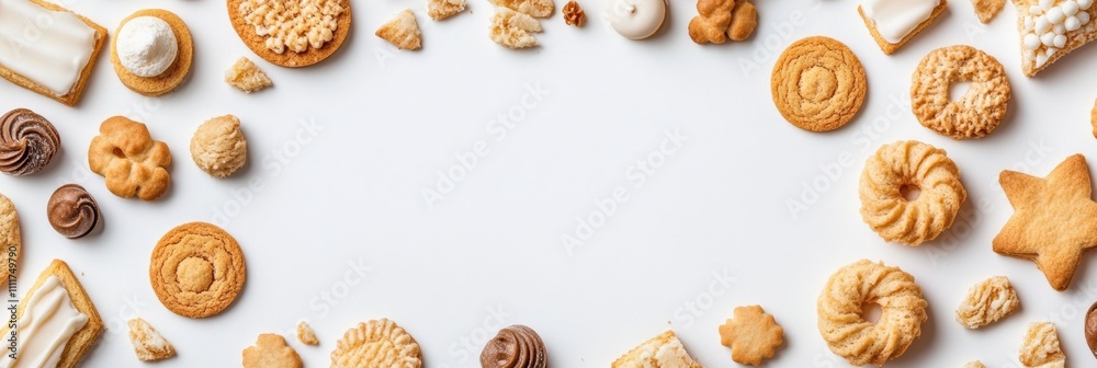Poster Variety of cookies and sweets arranged artistically on a white surface, leaving space for custom text or design additions. Generative AI