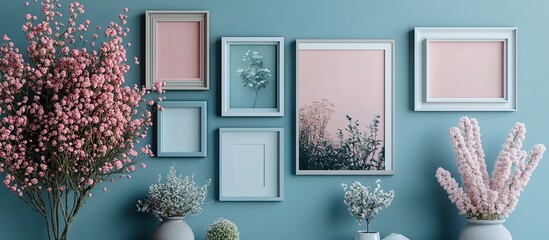 Pastel Pink and Blue Interior Design with Floral Arrangements and Framed Prints