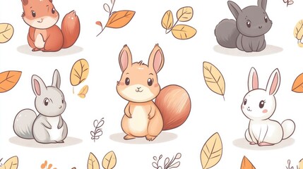 Naklejka premium A whimsical pattern featuring cute cartoon squirrels and rabbits among autumn leaves.
