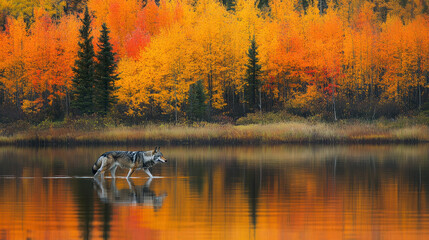 Timber wolf walking through a tranquil lake with autumn foliage behind