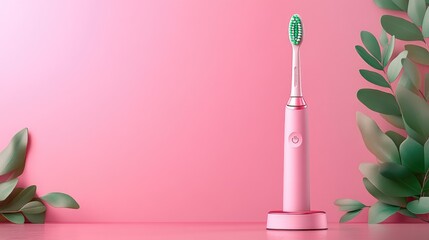 Obraz premium Pink electric toothbrush with green bristles on stylish pink background