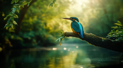 Obraz premium Common kingfisher perched on a branch in a serene forest setting