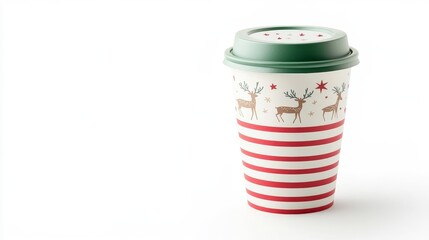 A white coffee cup with a green lid and a festive design of reindeer and trees