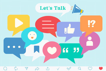 Flat vector illustration of colorful dialog speech bubbles with icons on soft color background. All in group and separate layer.