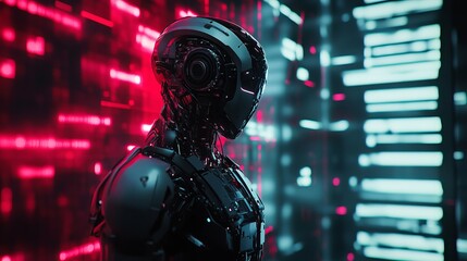 3D humanoid AI robot metaverse cyberspace digital world backdrop, industry 4.0 notion of AI revolution, automated digital technologies.