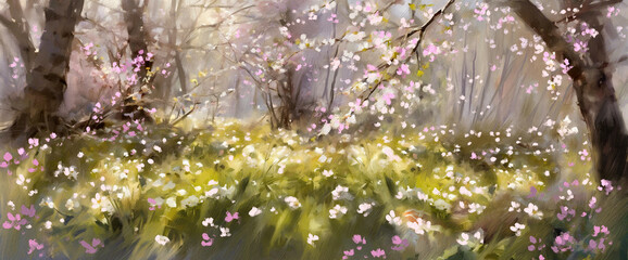 Spring in the garden, flowers on the branches of tree. Oil paintings landscape, artwork, fine art