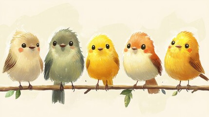 Naklejka premium A charming illustration of five colorful, cartoonish birds perched on a branch.