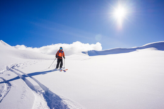 Skiing open terrain in Whistler backcountry, Spearhead Traverse.